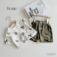 Set bộ thun cotton cho bé trai áo thun ngắn tay họa tiết cá sấu phối quần short đắp túi 1đến 7 tuổi BERNIE 0424B17