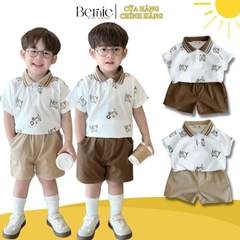 Set bộ thun polo cổ dệt cho bé trai họa tiết in chữ kèm quần short kaki ngắn size 1 đến 7 tuổi BERNIE 0724B02