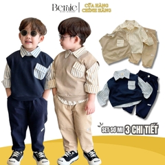 Set gilê kẻ 3 chi tiết áo sơ mi dài tay áo gi lê quần kaki cho né trai 1 đến 7 tuổi BERNIE 0724B40