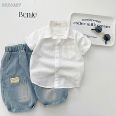Áo sơ mi trắng bé trai ngắn tay BERNIE bé 9 đến 24kg đi học, đi chơi, đi tiệc Cotton