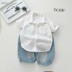 Áo sơ mi trắng bé trai ngắn tay BERNIE bé 9 đến 24kg đi học, đi chơi, đi tiệc Cotton