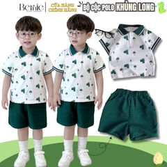 Set bộ polo bé trai áo thun polo trắng họa tiết khủng long rêu và quần short ngắn 1đến 7t BERNIE 0924B47