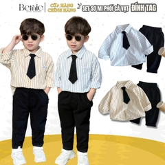 Set bộ sơ mi kẻ tay dài phối cà vạt kèm quần kaki dài cho bé trai 1 đến 7 tuổi BERNIE 0624B28