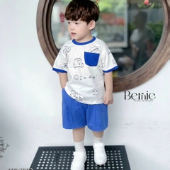 Set bộ thun tay ngắn bộ đồ họa tiết cho bé trai áo vá quần thun cotton mềm mại size 1 đến 7 tuổi BERNIE 0324B02