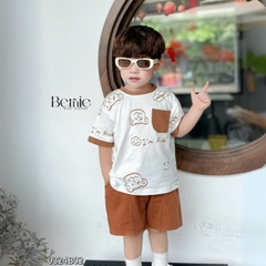 Set bộ thun tay ngắn bộ đồ họa tiết cho bé trai áo vá quần thun cotton mềm mại size 1 đến 7 tuổi BERNIE 0324B02