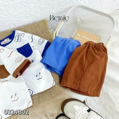 Set bộ thun tay ngắn bộ đồ họa tiết cho bé trai áo vá quần thun cotton mềm mại size 1 đến 7 tuổi BERNIE 0324B02