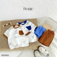 Set bộ thun tay ngắn bộ đồ họa tiết cho bé trai áo vá quần thun cotton mềm mại size 1 đến 7 tuổi BERNIE 0324B02