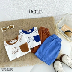 Set bộ thun tay ngắn bộ đồ họa tiết cho bé trai áo vá quần thun cotton mềm mại size 1 đến 7 tuổi BERNIE 0324B02