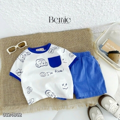 Set bộ thun tay ngắn bộ đồ họa tiết cho bé trai áo vá quần thun cotton mềm mại size 1 đến 7 tuổi BERNIE 0324B02