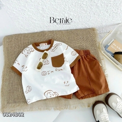 Set bộ thun tay ngắn bộ đồ họa tiết cho bé trai áo vá quần thun cotton mềm mại size 1 đến 7 tuổi BERNIE 0324B02