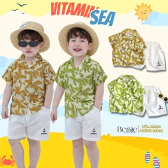 Set sơ mi đũi unisex bé trai bé gái đi biển họa tiết đi biển lá nổi bật size 1 đến 7 tuổi BERNIE 0124B39