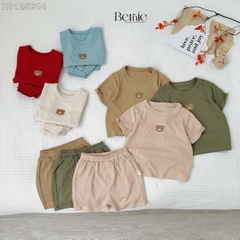 Đồ bộ unisex tay ngắn chất thun tăm cho bé trai bé gái họa tiết thêu gấu size từ 9 đến 24kg BERNIE H0125B14