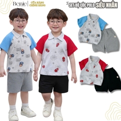 Set bộ polo bé trai tay ngắn zaclang họa tiết siêu nhân anh hùng và quần short 9 tới 25kg BERNIE T1024B25
