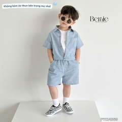 Set bộ sơ mi denim cho bé trai áo sơ mi phối túi kèm quần short size 9 đến 26kg BERNIE P1124B29