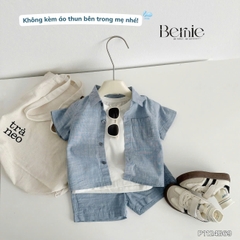 Set bộ sơ mi denim cho bé trai áo sơ mi phối túi kèm quần short size 9 đến 26kg BERNIE P1124B29