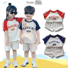 Set bộ tay ngắn thể thao áo raplang họa tiết Hawkins kèm quần short cho bé trai bé gái size 1 đến 7 tuổi BERNIE P0225B14
