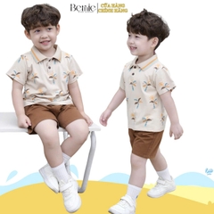 Set bộ polo cho bé trai màu nâu họa tiết cây dừa in tràn kèm quần short đùi kaki 1 đến 7 tuổi BERNIE H1124B14