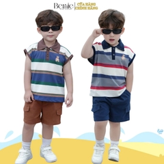 Set bộ polo kẻ ngang tanktop thêu gấu cho bé trai kèm quần short jean phong cách Hàn quốc 9 đến 28kg BERNIE H0125B35