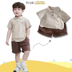 Set bộ polo tay ngắn màu nâu họa tiết in túi và chữ kèm quần short bé trai 1 đến 7t BERNIE H0225B25