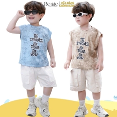 Set bộ tanktop cho bé trai áo thun họa tiết loang in chữ kèm quần short kaki size 9 đến 28kg BERNIE T0325B06