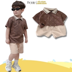 Set bộ polo tay ngắn cổ dệt màu nâu họa tiết gấu kèm quần short đùi kaki 1 đến 7 tuổi BERNIE T0225B23