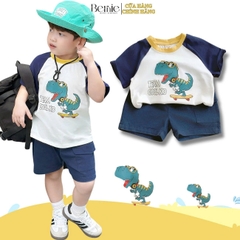 Set bộ tay ngắn bé trai áo thun zaclang họa tiết khủng long cool kid và quần short denim 9 tới 28kg BERNIE H1224B10