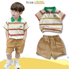 Set bộ polo tay ngắn cổ dệt màu nâu họa tiết kẻ kèm quần short jean size 1 đến 7 tuổi BERNIE T0125B40