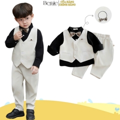 Set bộ vest gi lê bé trai áo sơ mi tay dài màu đen phối gi le rời và quần dài kèm nơ cổ 1 đến 7 tuổi BERNIE H0525B23