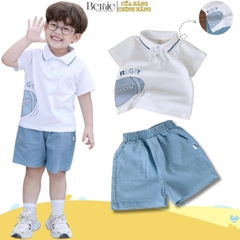  Set bộ polo tay ngắn cho bé trai áo polo họa tiết bóng bầu dục kèm quần short size 9 đến 28kg BERNIE P1124B18