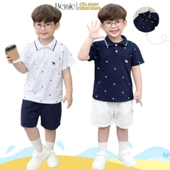 Set bộ polo bé trai tay ngắn cổ bo dệt họa tiết thêu cún kèm quần short kaki sz 9 tới 28kg BERNIE T0525B09