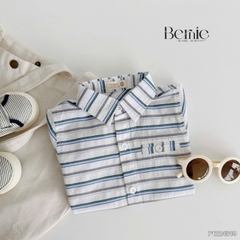 Set bộ sơ mi kẻ ngang phối túi cho bé trai áo sơ mi kẻ kèm quần short kaki size 9 đến 26kg BERNIE P1224B19