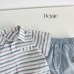 Set bộ sơ mi kẻ ngang phối túi cho bé trai áo sơ mi kẻ kèm quần short kaki size 9 đến 26kg BERNIE P1224B19