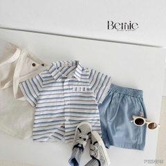 Set bộ sơ mi kẻ ngang phối túi cho bé trai áo sơ mi kẻ kèm quần short kaki size 9 đến 26kg BERNIE P1224B19