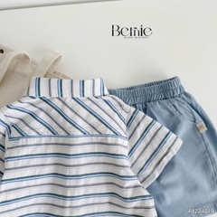 Set bộ sơ mi kẻ ngang phối túi cho bé trai áo sơ mi kẻ kèm quần short kaki size 9 đến 26kg BERNIE P1224B19