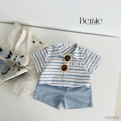Set bộ sơ mi kẻ ngang phối túi cho bé trai áo sơ mi kẻ kèm quần short kaki size 9 đến 26kg BERNIE P1224B19