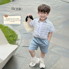 Set bộ sơ mi kẻ ngang phối túi cho bé trai áo sơ mi kẻ kèm quần short kaki size 9 đến 26kg BERNIE P1224B19