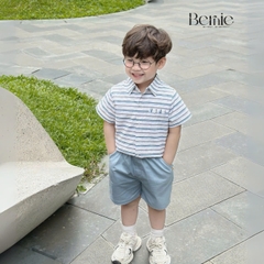 Set bộ sơ mi kẻ ngang phối túi cho bé trai áo sơ mi kẻ kèm quần short kaki size 9 đến 26kg BERNIE P1224B19
