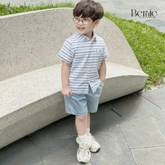 Set bộ sơ mi kẻ ngang phối túi cho bé trai áo sơ mi kẻ kèm quần short kaki size 9 đến 26kg BERNIE P1224B19