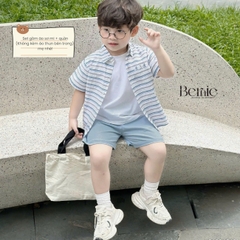 Set bộ sơ mi kẻ ngang phối túi cho bé trai áo sơ mi kẻ kèm quần short kaki size 9 đến 26kg BERNIE P1224B19