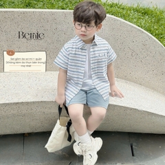 Set bộ sơ mi kẻ ngang phối túi cho bé trai áo sơ mi kẻ kèm quần short kaki size 9 đến 26kg BERNIE P1224B19
