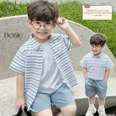 Set bộ sơ mi kẻ ngang phối túi cho bé trai áo sơ mi kẻ kèm quần short kaki size 9 đến 26kg BERNIE P1224B19