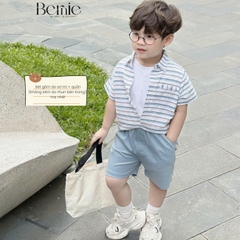Set bộ sơ mi kẻ ngang phối túi cho bé trai áo sơ mi kẻ kèm quần short kaki size 9 đến 26kg BERNIE P1224B19