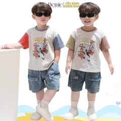 Set bộ tay ngắn phối màu họa tiết carnival kèm quần short jean cho bé trai 11kg tới 28kg BERNIE H0525B47