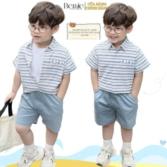 Set bộ sơ mi kẻ ngang phối túi cho bé trai áo sơ mi kẻ kèm quần short kaki size 9 đến 26kg BERNIE P1224B19
