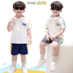 Set bộ thể thao tay raplang phối sọc viền màu kèm quần short cho bé trai size 9 tới 25kg BERNIE H0425B50