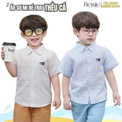 Áo sơ mi tay ngắn họa tiết kẻ thêu cá phong cách Hàn quốc cho bé trai size 9kg tới 28kg BERNIE T1124A78