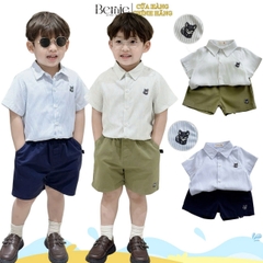 Set sơ mi ngắn tay kẻ sọc bé trai họa tiết thêu cáo kèm quần short cho bé từ 9kg tới 28kg BERNIE P0125B28