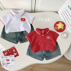 Bộ quần áo Lá cờ đỏ sao vàng Việt Nam áo polo kèm quần jean bé trai bé gái 9-28kg BERNIE BH0725A41