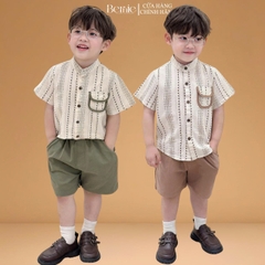 Set sơ mi cổ trụ chất đũi ngắn tay họa tiết thổ cẩm kèm quần short kaki cho bé từ 9kg tới 28kg BERNIE T1124B19