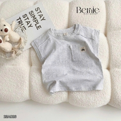 Áo tanktop cotton xược túi ngực thêu gấu dáng hàn quốc cho bé trai bé gái từ 9đến 24kg BERNIE 23A026